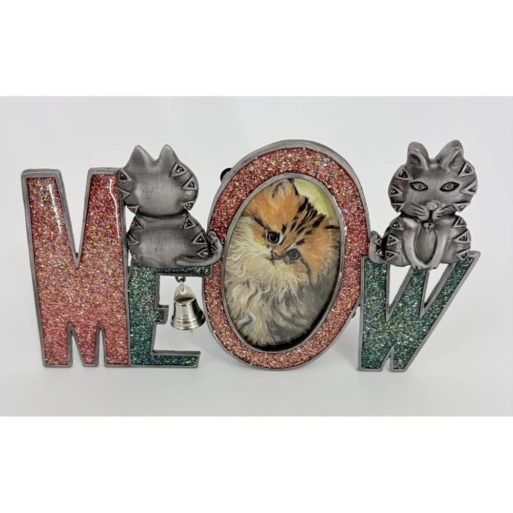 MEOW Cat Kitten Picture Frame Bell Silver Metal Glitter Oval Pewter Vintage